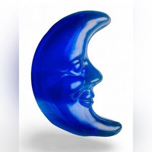 Vintage Cobalt Blue Glass Man In The Moon Celestial Trinket Dish / Jewelry Box